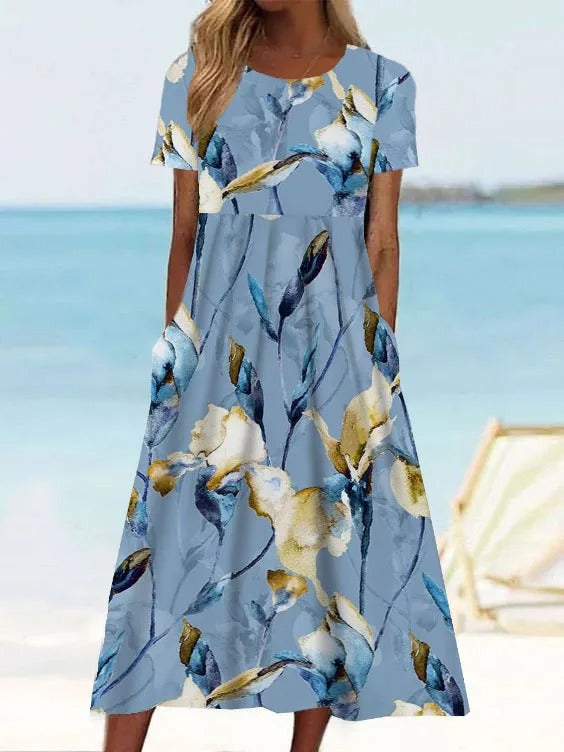 Women's Elegant Botanical Midi Dress - Crew Neck Half Sleeve