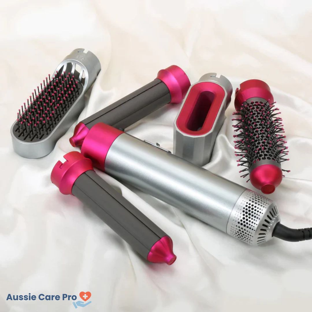 5-in-1 hair styler for women, sleek design, silver and purple, curls, straightens, dries, volumises for salon-quality styles.