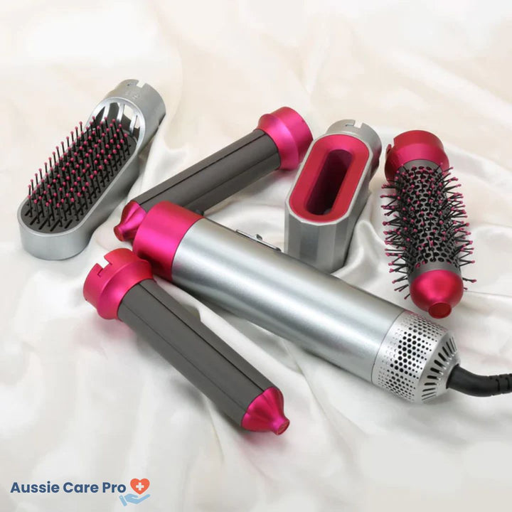 5-in-1 hair styler for women, sleek design, silver and purple, curls, straightens, dries, volumises for salon-quality styles.