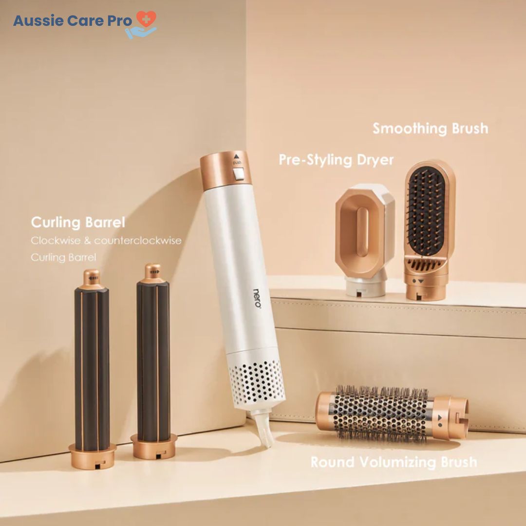 5-in-1 hair styler for women, sleek design, silver and purple, curls, straightens, dries, volumises for salon-quality styles.