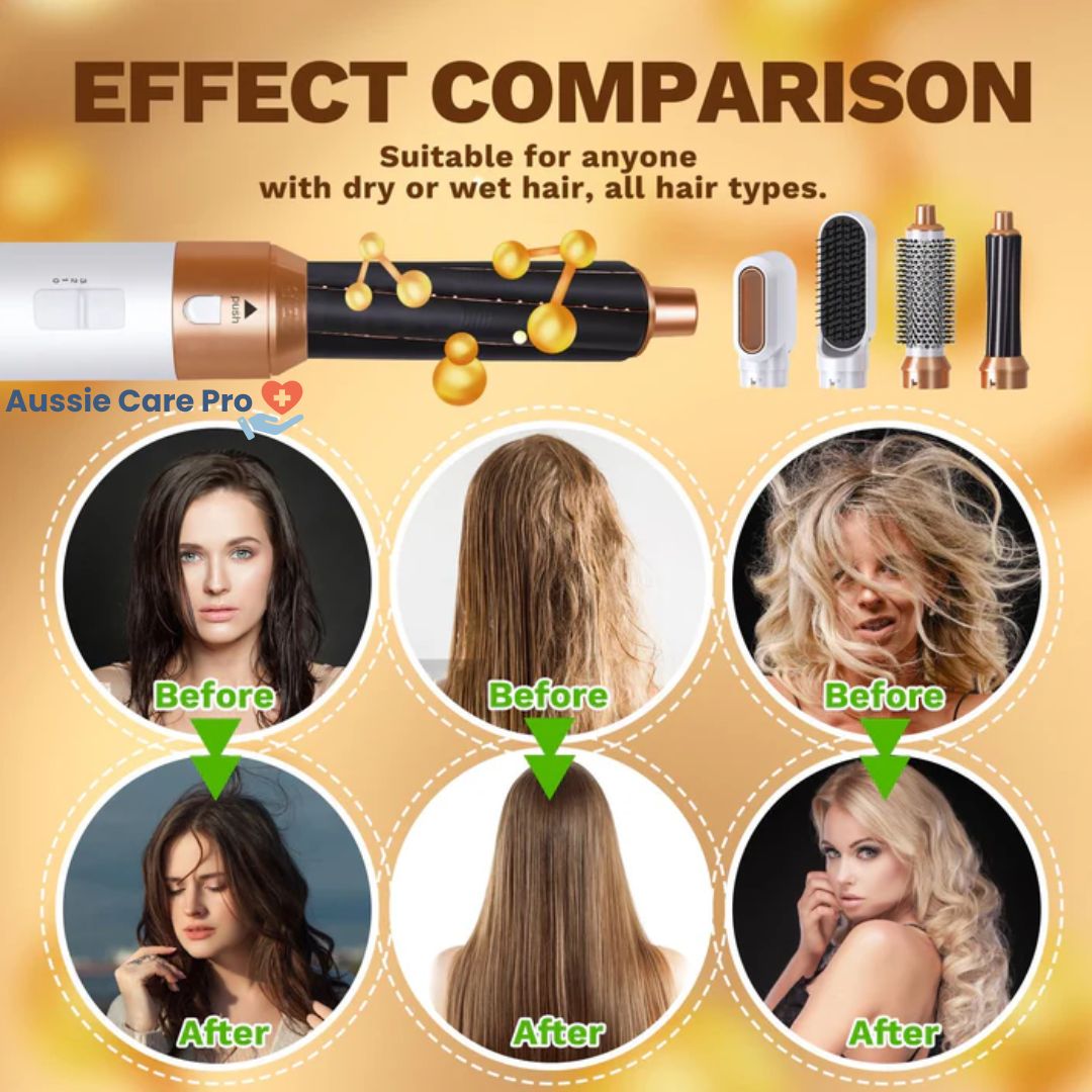 5-in-1 hair styler for women, sleek design, silver and purple, curls, straightens, dries, volumises for salon-quality styles.