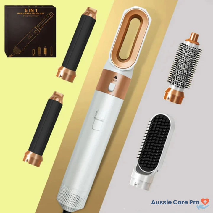 5-in-1 hair styler for women, sleek design, silver and purple, curls, straightens, dries, volumises for salon-quality styles.