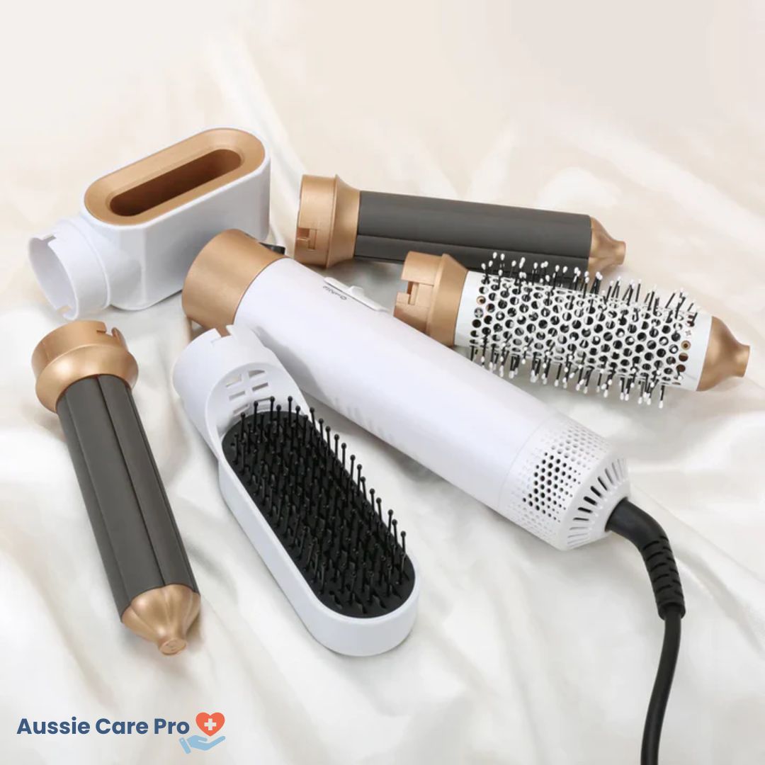 5-in-1 hair styler for women, sleek design, silver and purple, curls, straightens, dries, volumises for salon-quality styles.