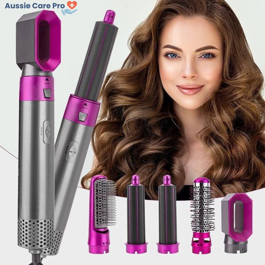 5-in-1 hair styler for women, sleek design, silver and purple, curls, straightens, dries, volumises for salon-quality styles.