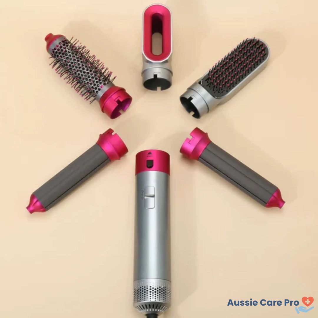 5-in-1 hair styler for women, sleek design, silver and purple, curls, straightens, dries, volumises for salon-quality styles.