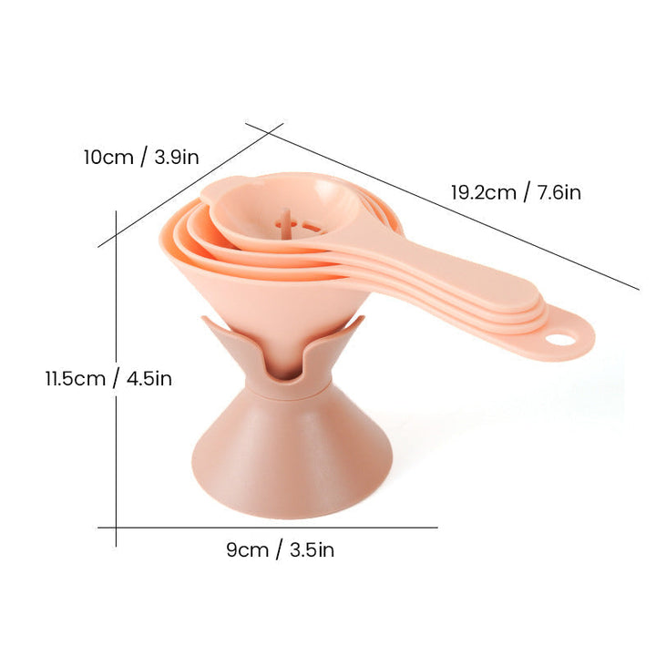 Kitchen helper: funnel set with liquid transfer in progress, showing no-spill design