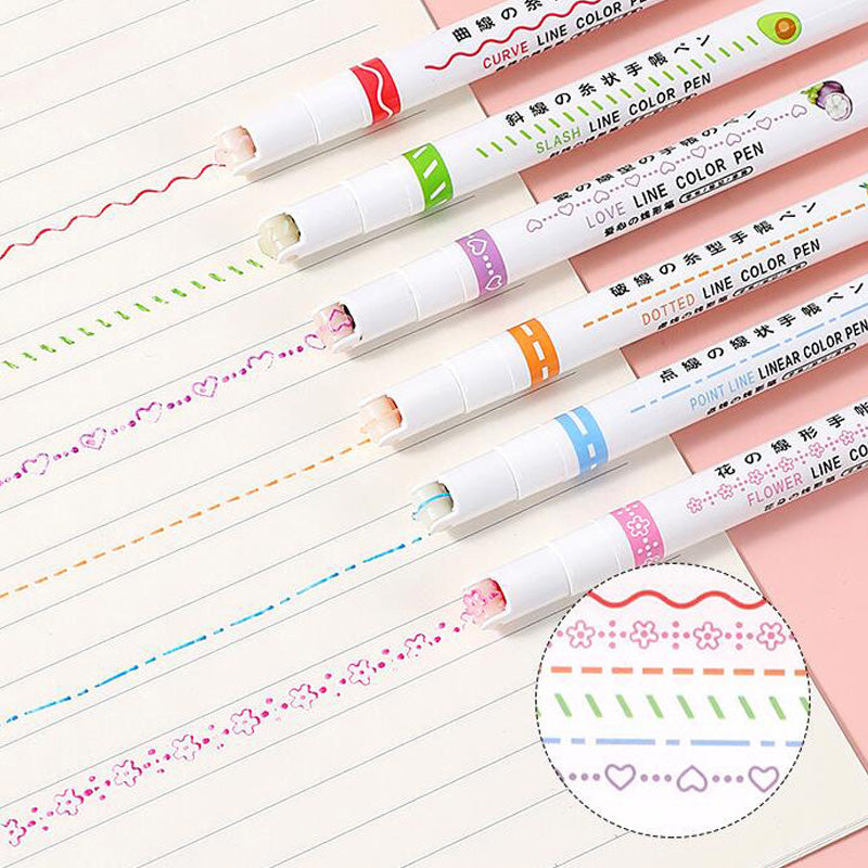 6-piece Dual Tip Curve Line Pen set for journaling & art, vibrant colors, drawing tools