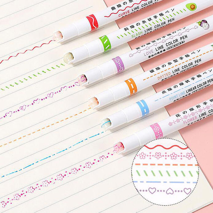 6-piece Dual Tip Curve Line Pen set for journaling & art, vibrant colors, drawing tools