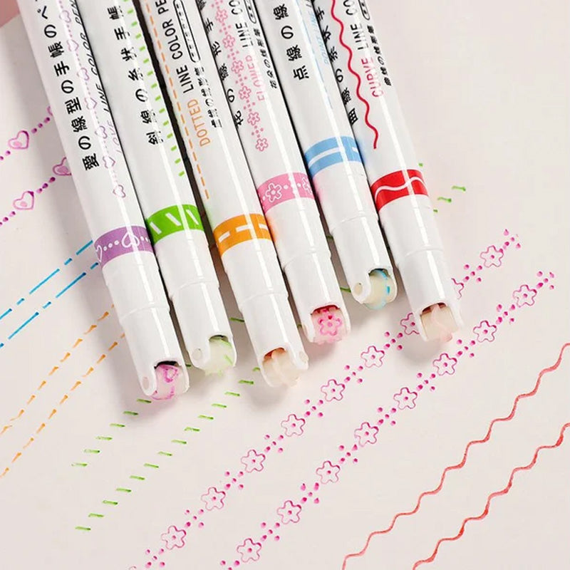 Hand holding a Dual Tip Curve Line Pen, making a decorative curve line on paper, art supplies