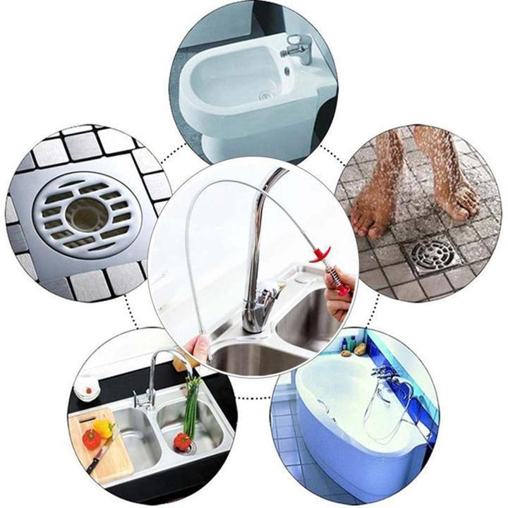 User's hand inserting a 60cm drain clog remover into a bathroom sink