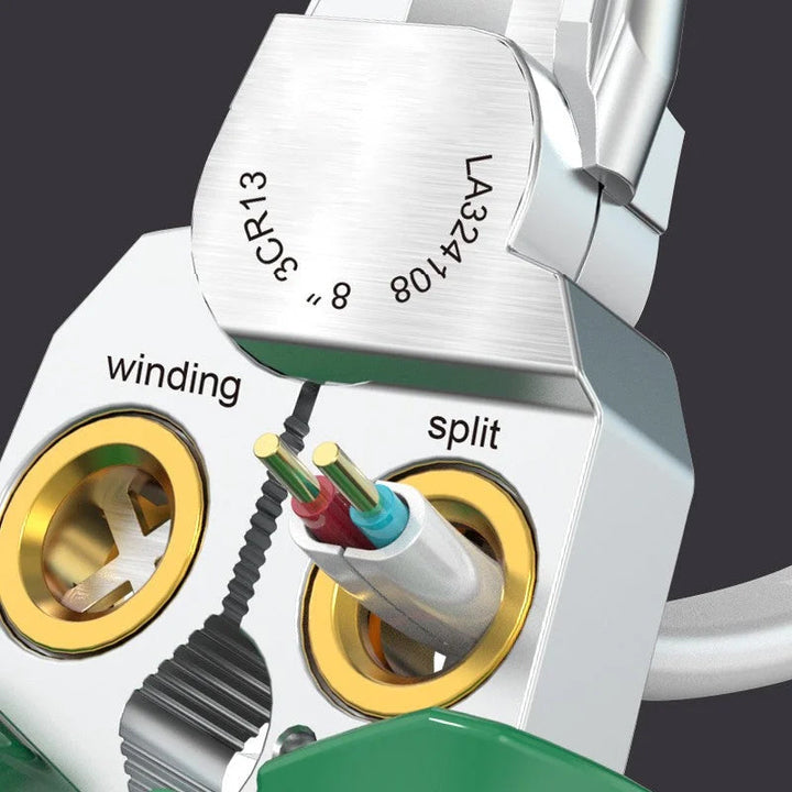 Electrician's wire stripping tool, showing multiple functions like cutting, crimping