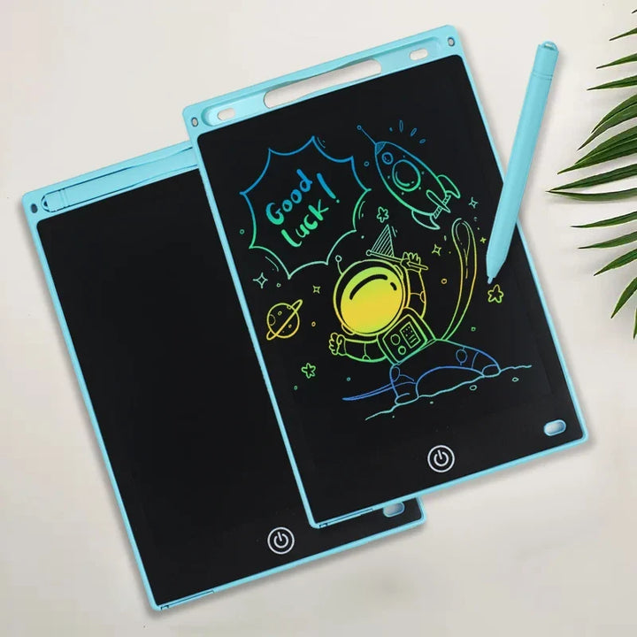 Children drawing on Scriblio 8.5 inch LCD tablet, portable creative pad for travel fun.