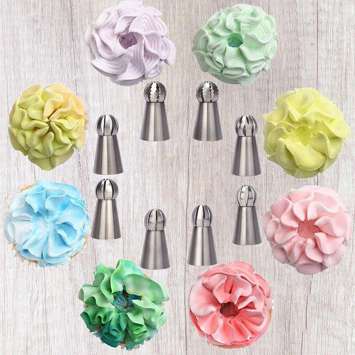 8-piece baking cake decorating tool set with icing nozzles, pastry bags, and tips for desserts.