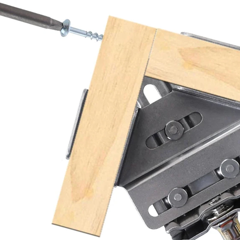 Close-up of a woodworking 90-degree clamp, showing strong grip for accurate assembly and joint creation