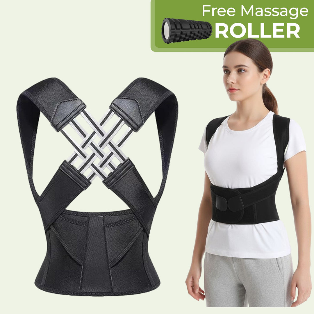"Adjustable back support belt with massage roller for men and women shown in lifestyle setting, enhances posture and comfort.