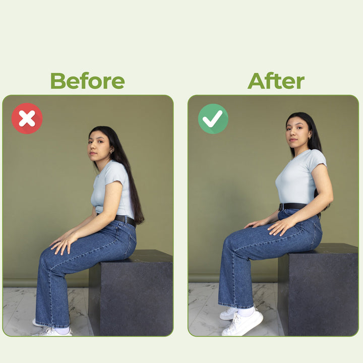 "Adjustable back support belt with massage roller for men and women shown in lifestyle setting, enhances posture and comfort.