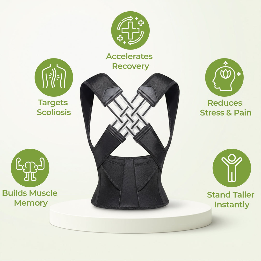 "Adjustable back support belt with massage roller for men and women shown in lifestyle setting, enhances posture and comfort.