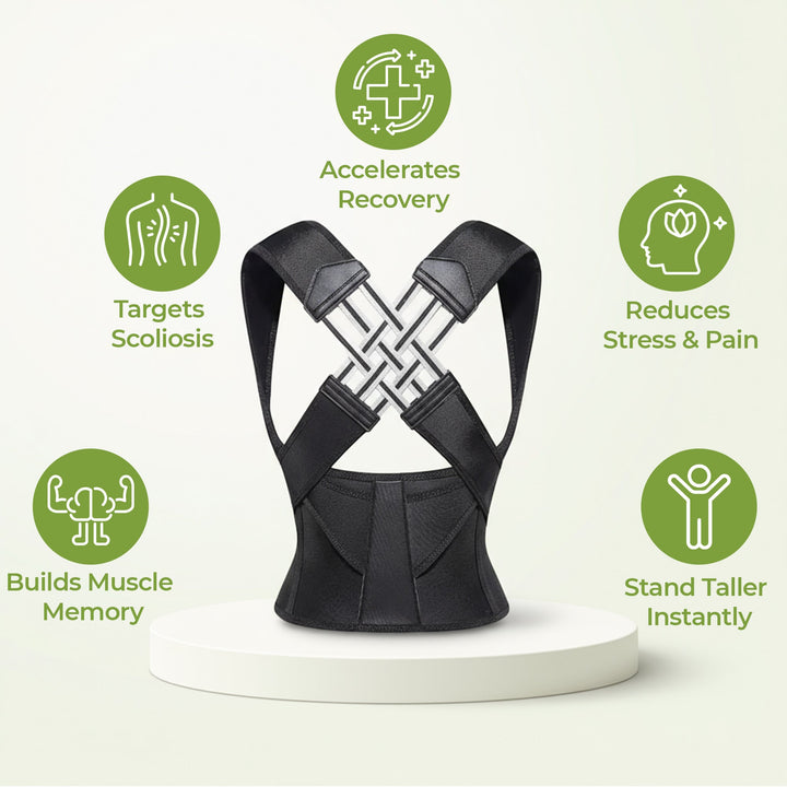 "Adjustable back support belt with massage roller for men and women shown in lifestyle setting, enhances posture and comfort.