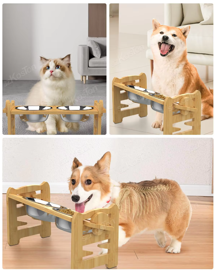 Adjustable elevated pet feeding station with stainless steel bowls, wooden frame, ergonomic design, suitable for all pet size