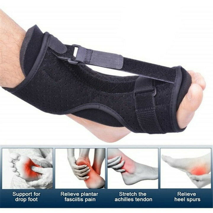"Adjustable foot and ankle splint for pain relief, lightweight design with bendable aluminum bar and foam padding for comfort