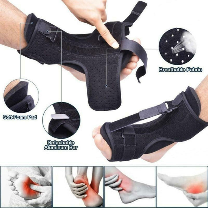 "Adjustable foot and ankle splint for pain relief, lightweight design with bendable aluminum bar and foam padding for comfort