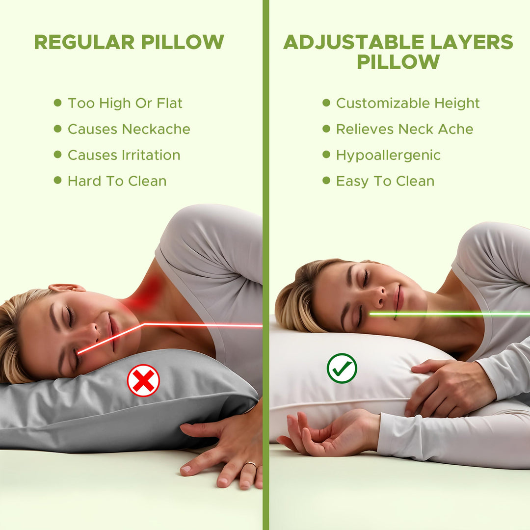 "Adjustable layer pillow, customizable firmness, white with ergonomic design, perfect for neck and head support, health produ