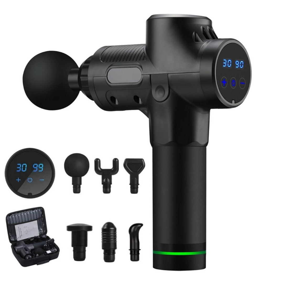 "Advanced deep tissue massage gun for muscle recovery with sleek design and multiple attachments, ideal for athletes."