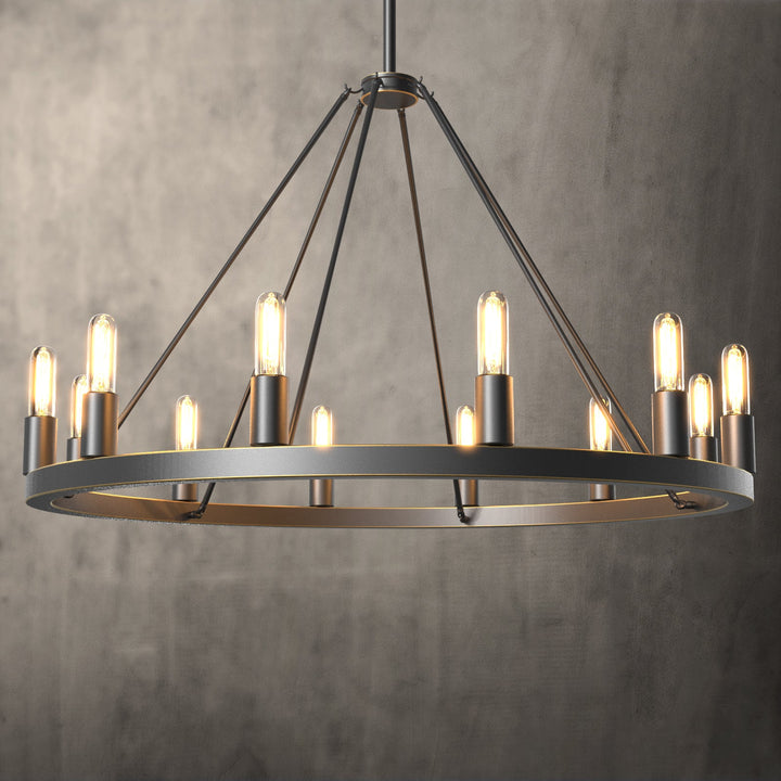 "Antique bronze wagon wheel chandelier with 12 lights, circular frame, exposed bulbs, adds classic elegance to any space."