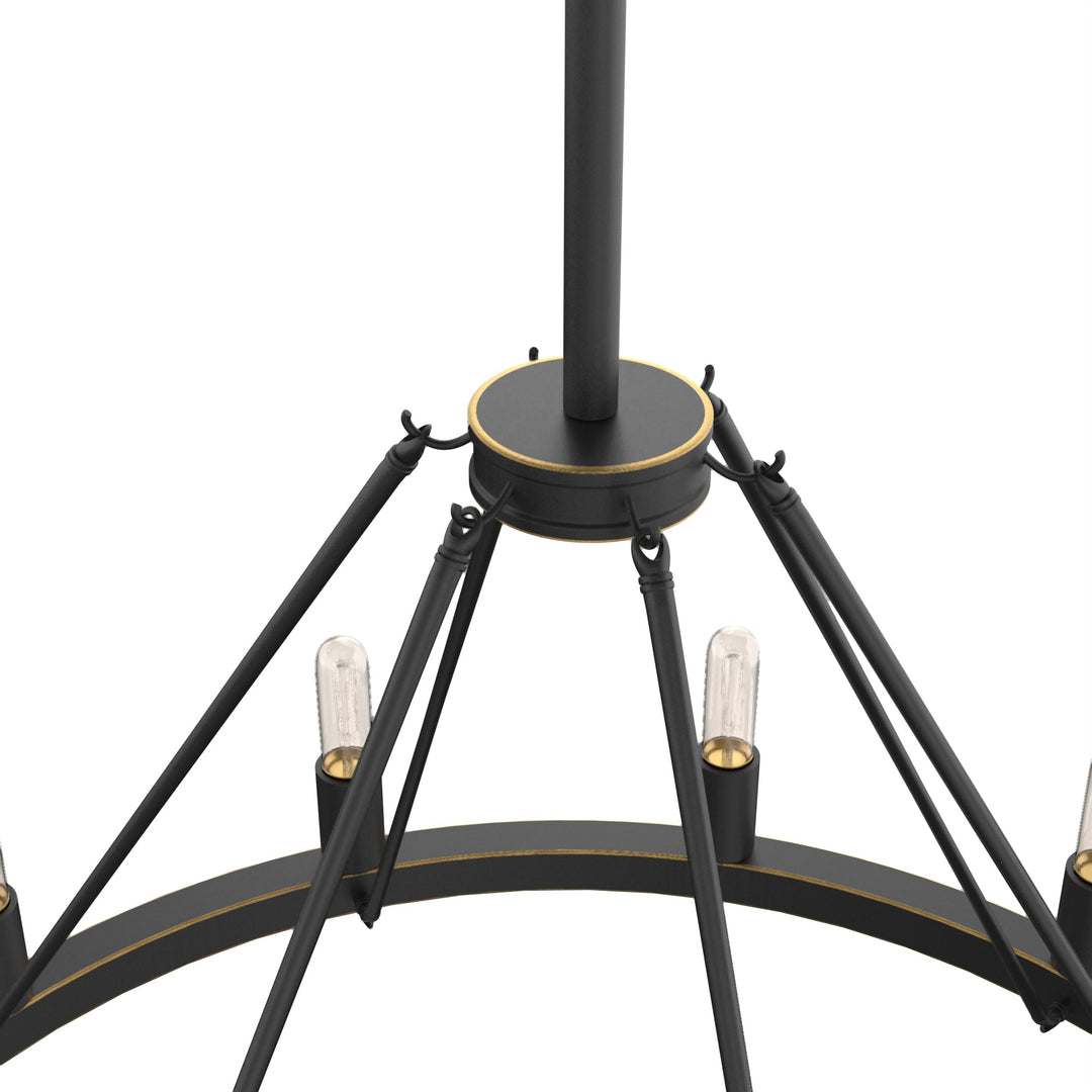 "Antique bronze wagon wheel chandelier with 12 lights, circular frame, exposed bulbs, adds classic elegance to any space."