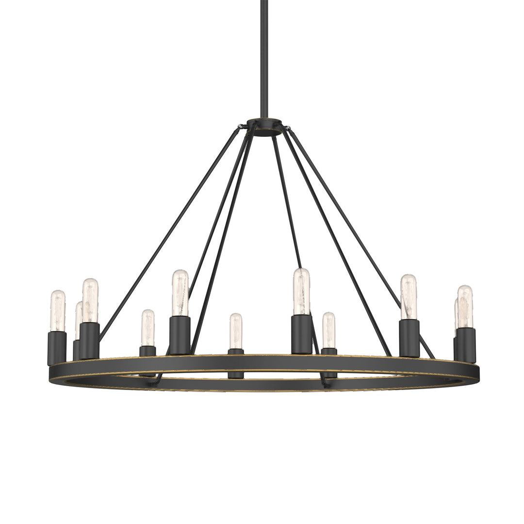 "Antique bronze wagon wheel chandelier with 12 lights, circular frame, exposed bulbs, adds classic elegance to any space."