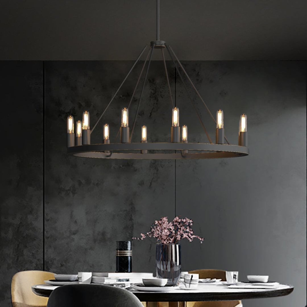 "Antique bronze wagon wheel chandelier with 12 lights, circular frame, exposed bulbs, adds classic elegance to any space."