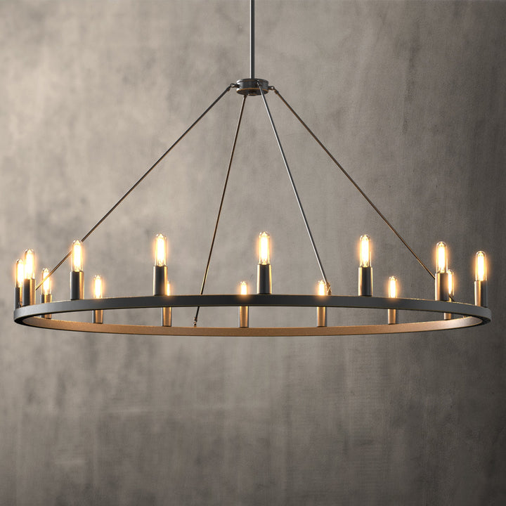 Antique bronze wagon wheel chandelier with 16 candle-style lights, rustic charm, industrial elegance in a classic design.
