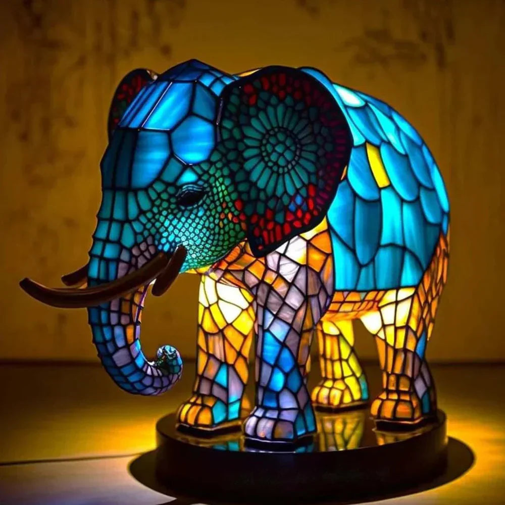 "Artistic animal glass lamp with vibrant stained glass panda design, perfect for home decor; colorful table lamp."