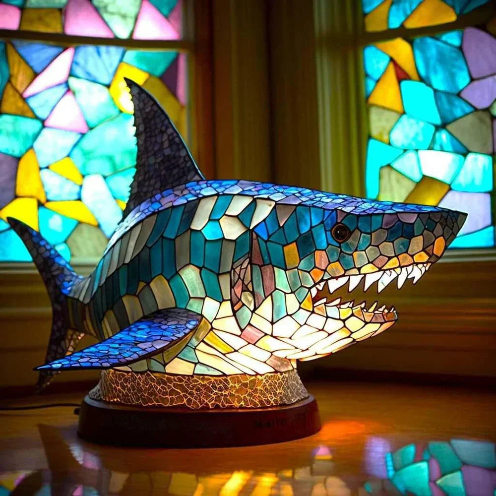 "Artistic animal glass lamp with vibrant stained glass panda design, perfect for home decor; colorful table lamp."