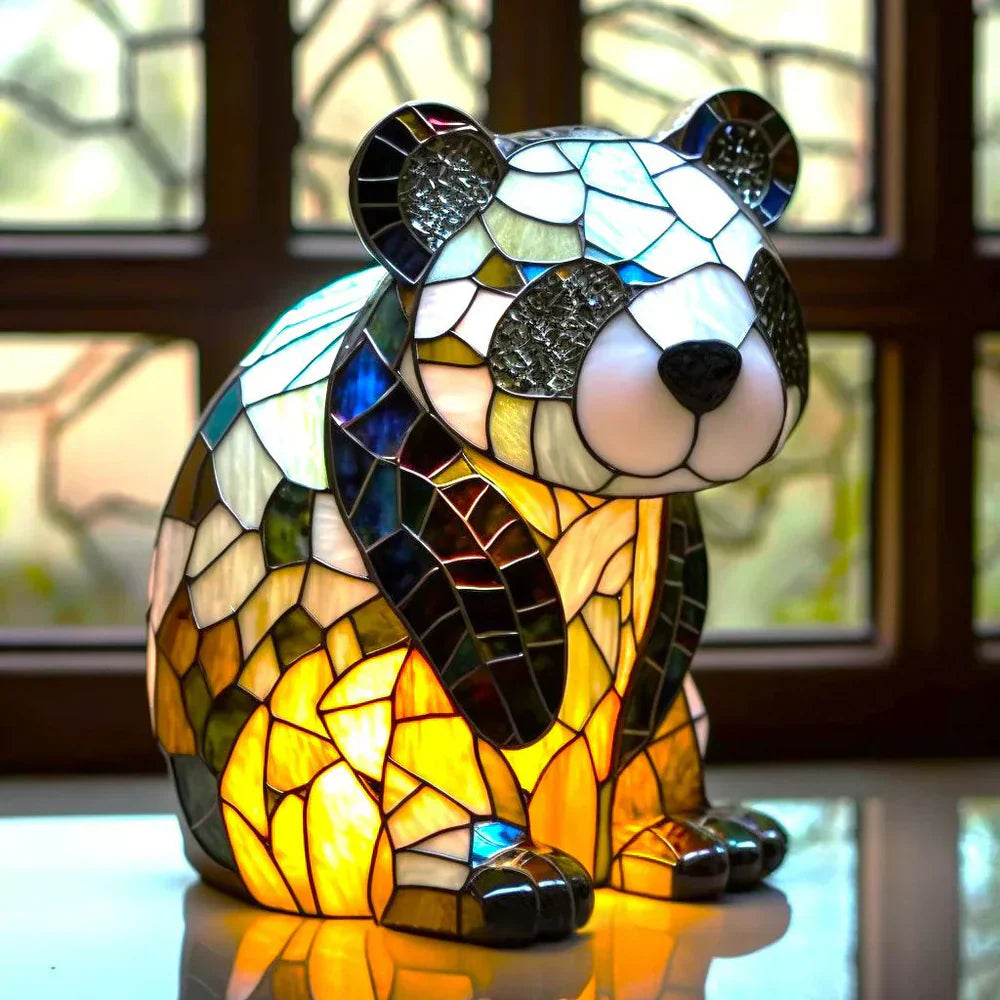 "Artistic animal glass lamp with vibrant stained glass panda design, perfect for home decor; colorful table lamp."