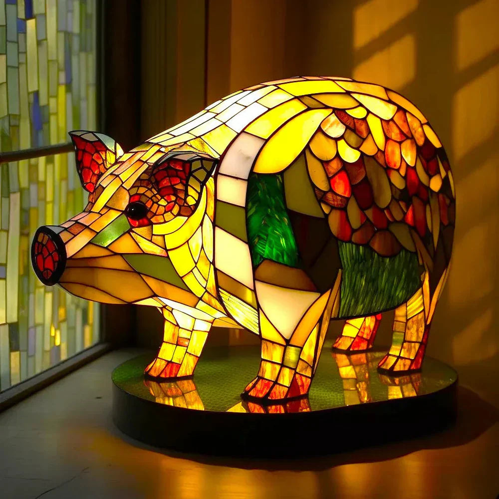"Artistic animal glass lamp with vibrant stained glass panda design, perfect for home decor; colorful table lamp."