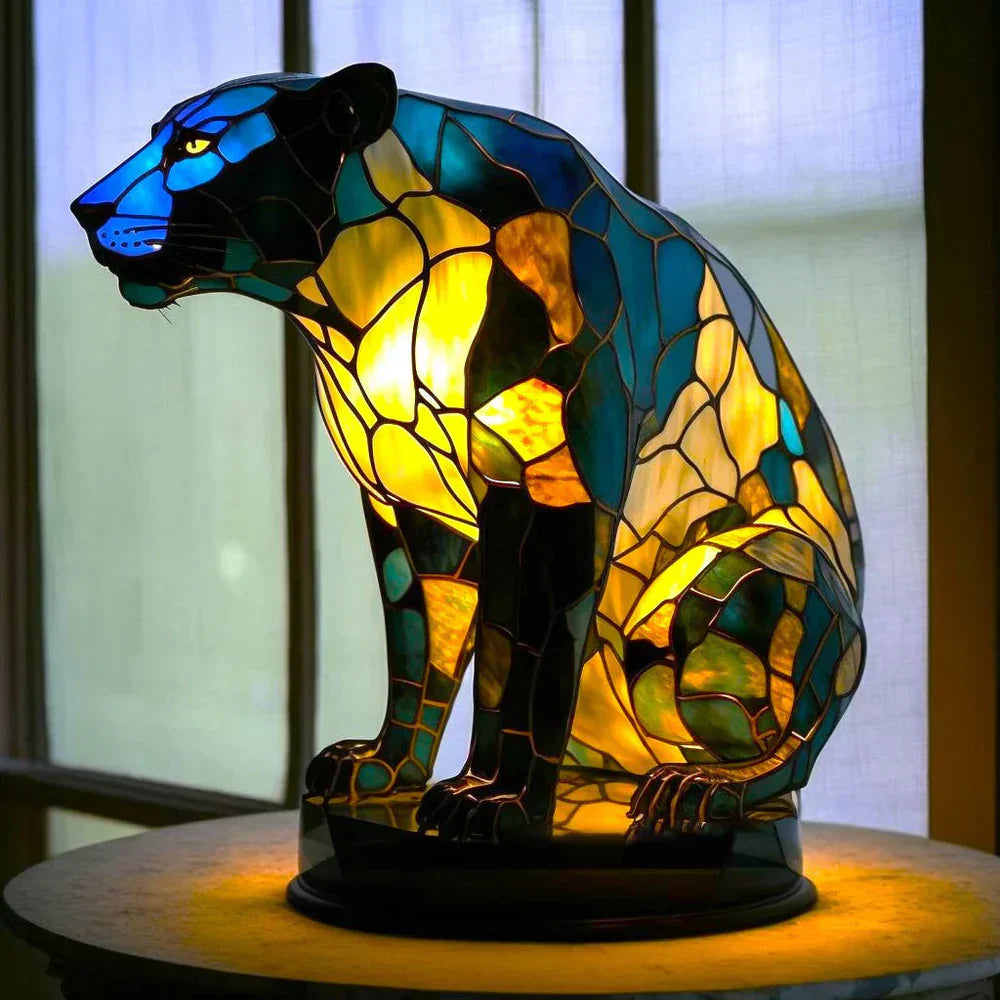 "Artistic animal glass lamp with vibrant stained glass panda design, perfect for home decor; colorful table lamp."
