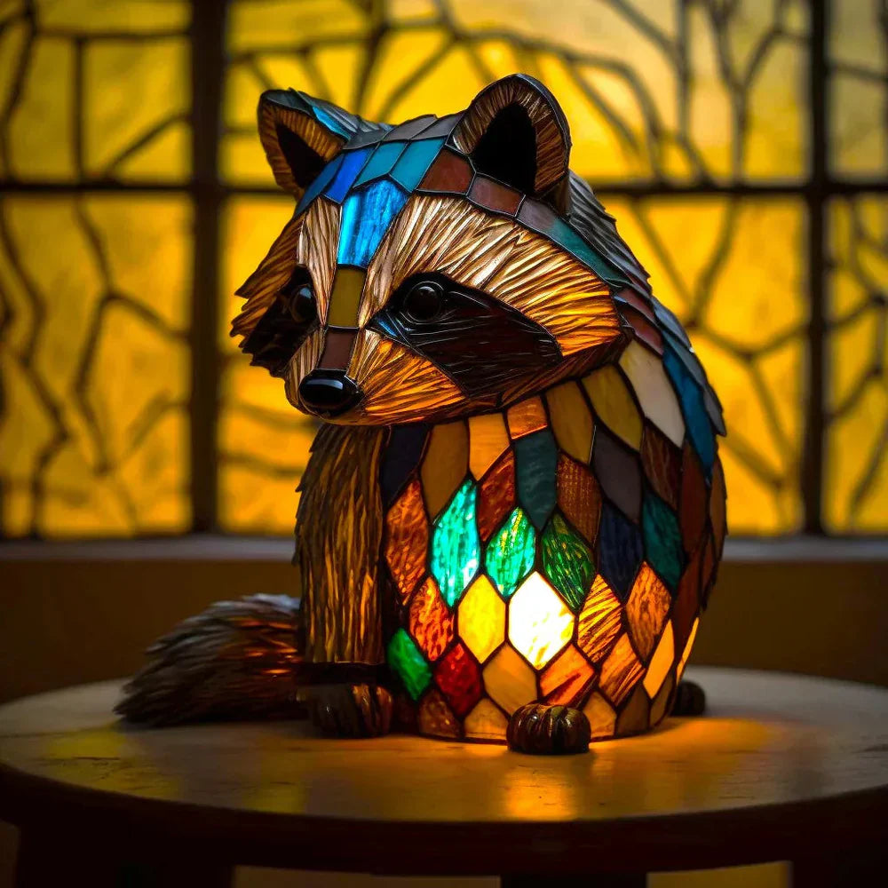 "Artistic animal glass lamp with vibrant stained glass panda design, perfect for home decor; colorful table lamp."