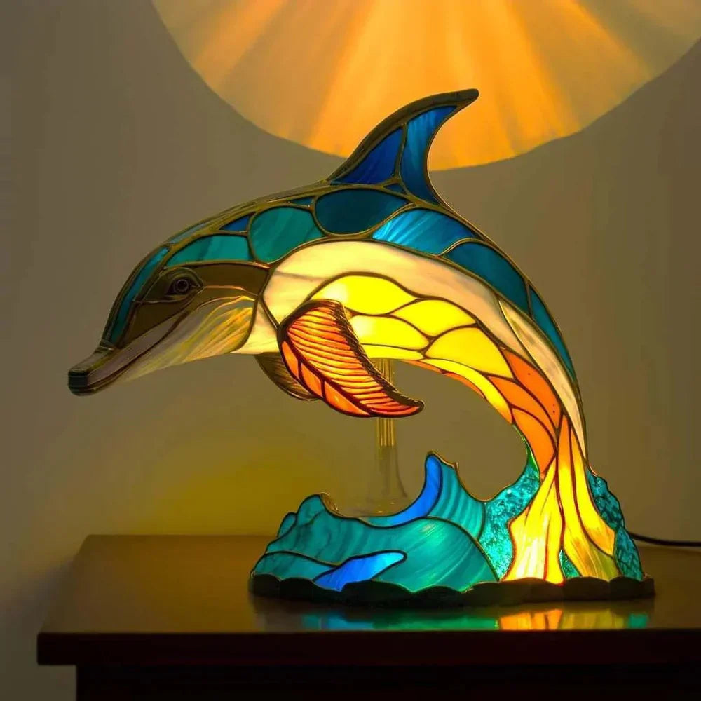 "Artistic animal glass lamp with vibrant stained glass panda design, perfect for home decor; colorful table lamp."
