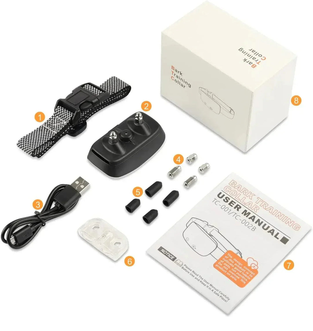 "Automatic anti-bark dog collar, sleek design, rechargeable, waterproof, adjustable nylon strap, durable for all dog sizes."
