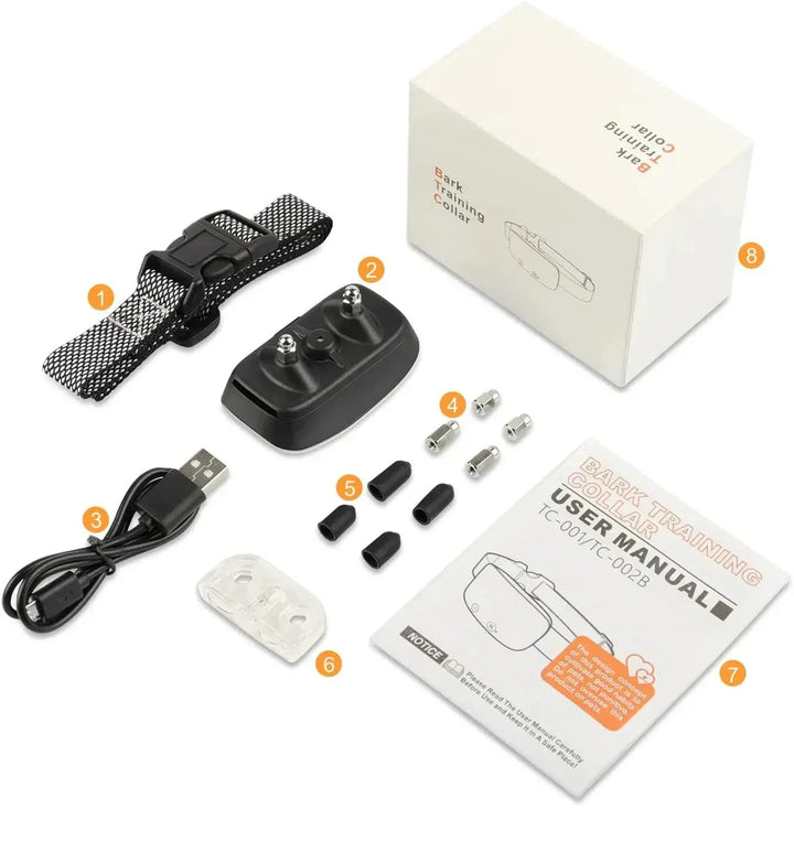 "Automatic anti-bark dog collar, sleek design, rechargeable, waterproof, adjustable nylon strap, durable for all dog sizes."