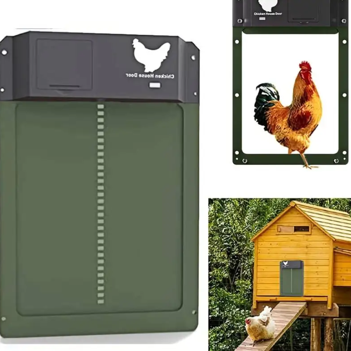 "Automatic chicken coop door system with solar options, shown in action with sleek design and easy installation features."