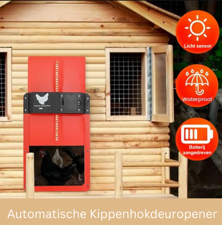 "Automatic chicken coop door system with solar options, shown in action with sleek design and easy installation features."
