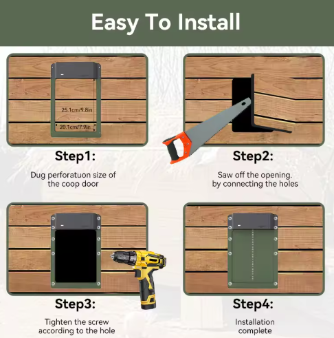"Automatic chicken coop door system with solar options, shown in action with sleek design and easy installation features."
