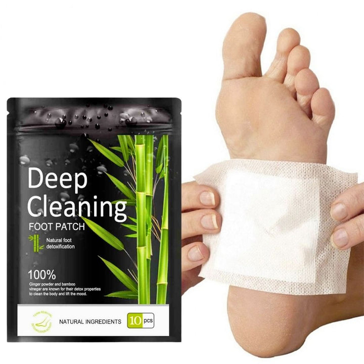 "Bamboo charcoal foot detox patches apply to feet, promoting wellness and stress relief with natural ingredients, close-up vi