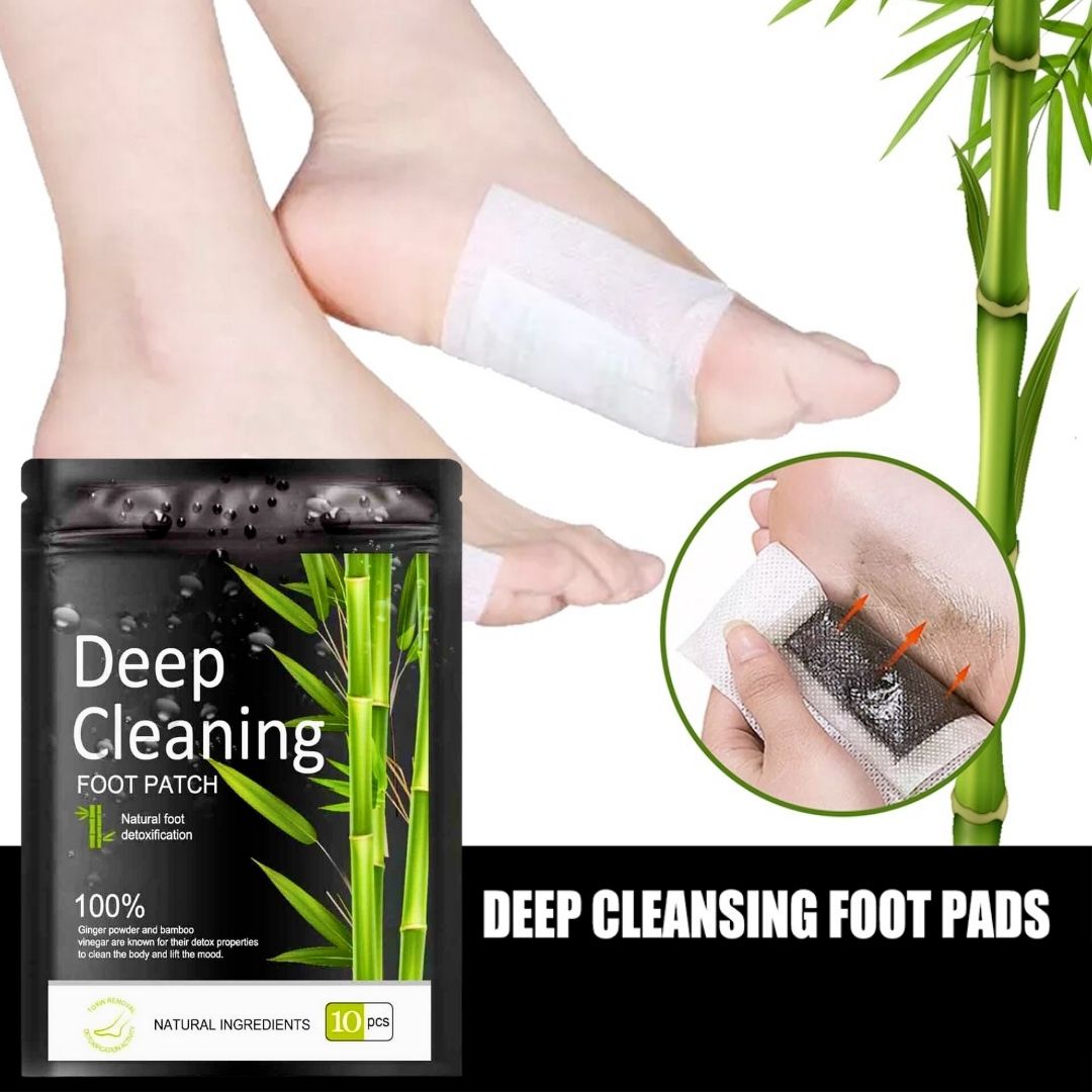 "Bamboo charcoal foot detox patches apply to feet, promoting wellness and stress relief with natural ingredients, close-up vi