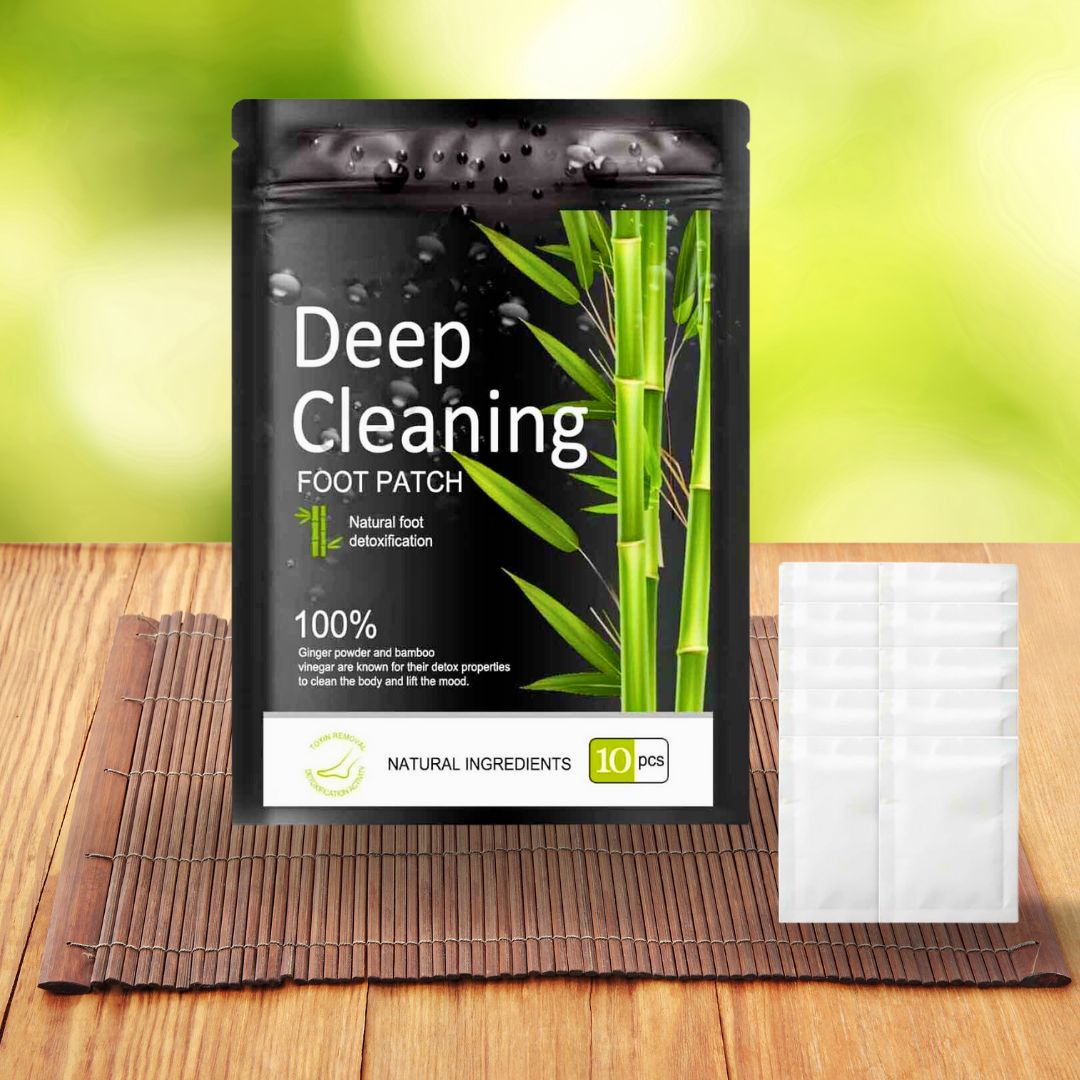 "Bamboo charcoal foot detox patches apply to feet, promoting wellness and stress relief with natural ingredients, close-up vi