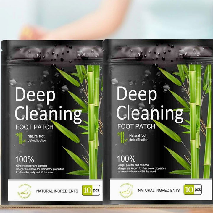 "Bamboo charcoal foot detox patches apply to feet, promoting wellness and stress relief with natural ingredients, close-up vi