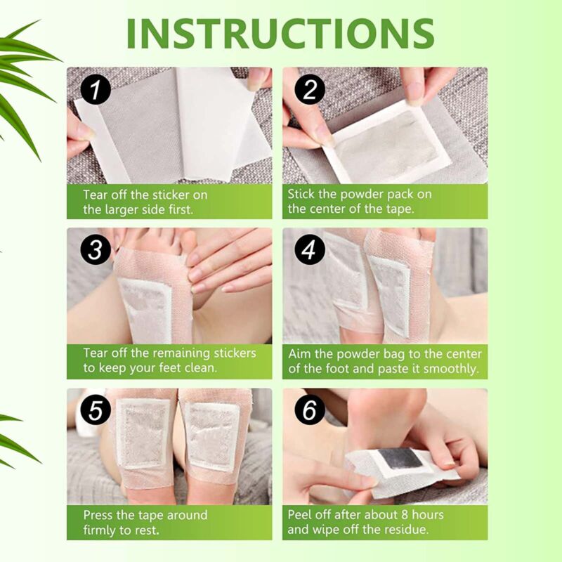 "Bamboo charcoal foot detox patches apply to feet, promoting wellness and stress relief with natural ingredients, close-up vi