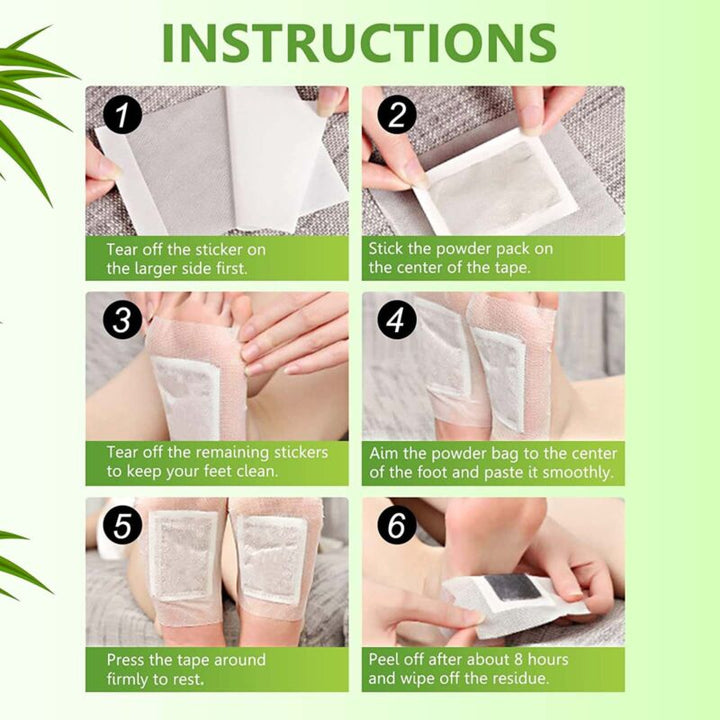 "Bamboo charcoal foot detox patches apply to feet, promoting wellness and stress relief with natural ingredients, close-up vi